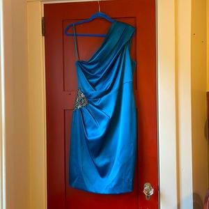 Deep teal one shoulder cocktail dress